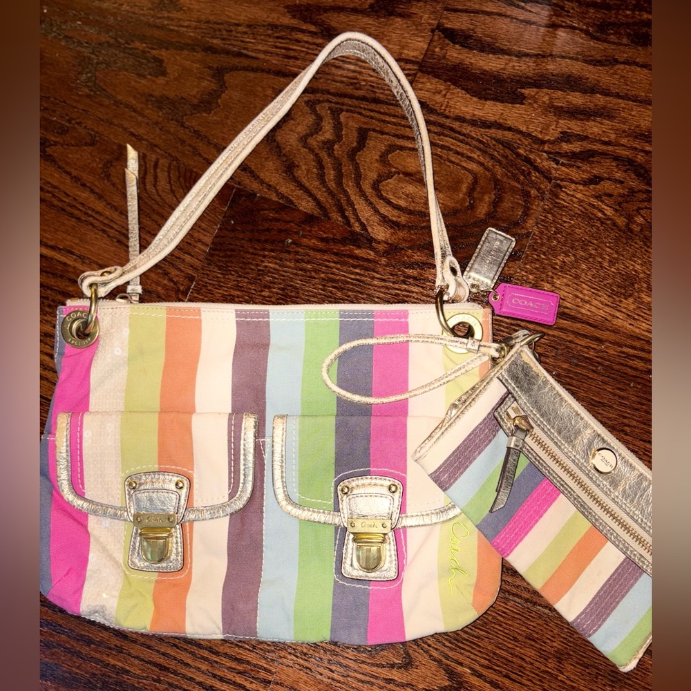 Coach Poppy Striped Legacy Sequined Colorful Hippie Purse- 19025 With Wristlet